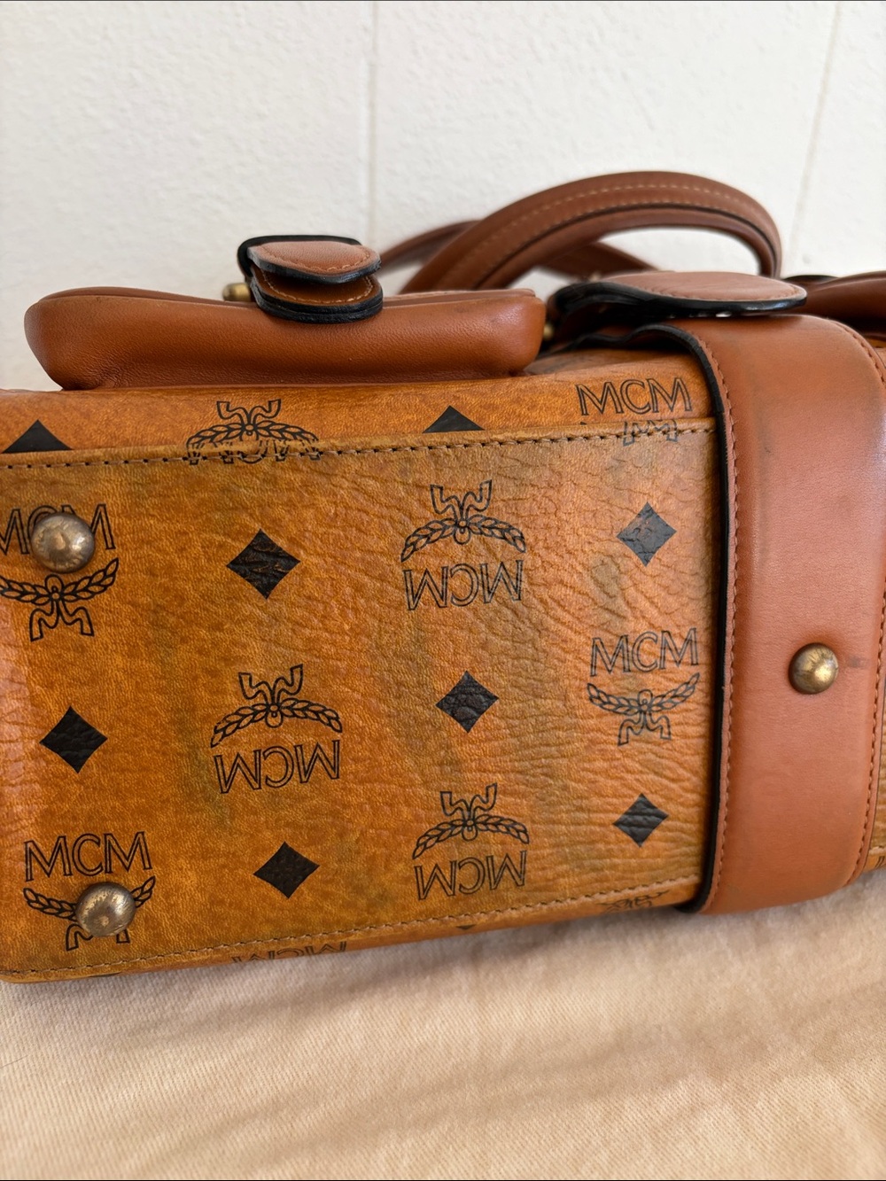 MCM Cognac Visetos coated canvas Logo Satchel w/2 Front Pockets - Picture 8 of 14